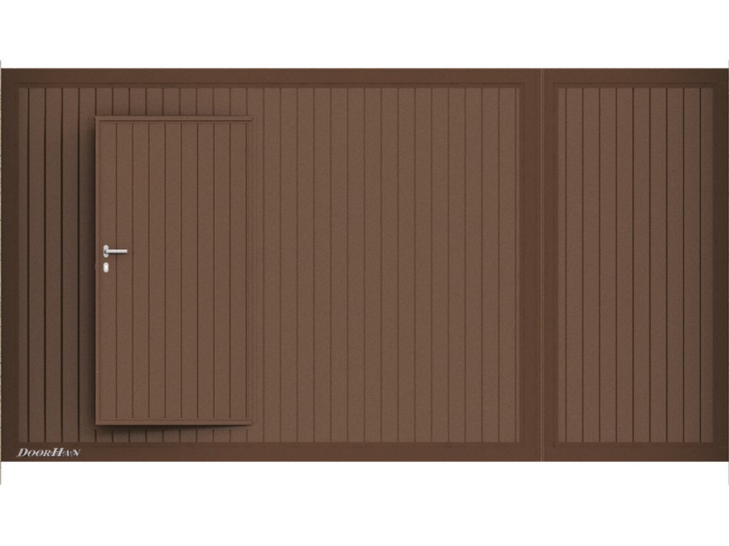 Калитка врезается в полотно сдвижных ворот для обеспечения дополнительного прохода на огороженную территорию при закрытых воротах. Параметры для врезной калитки: Минимальное расстояние слева и справа от калитки до края щита — 200 мм. Минимальное расстояние сверху и снизу от калитки до края щита — 115 мм. Минимальная ширина калитки — 800 мм.